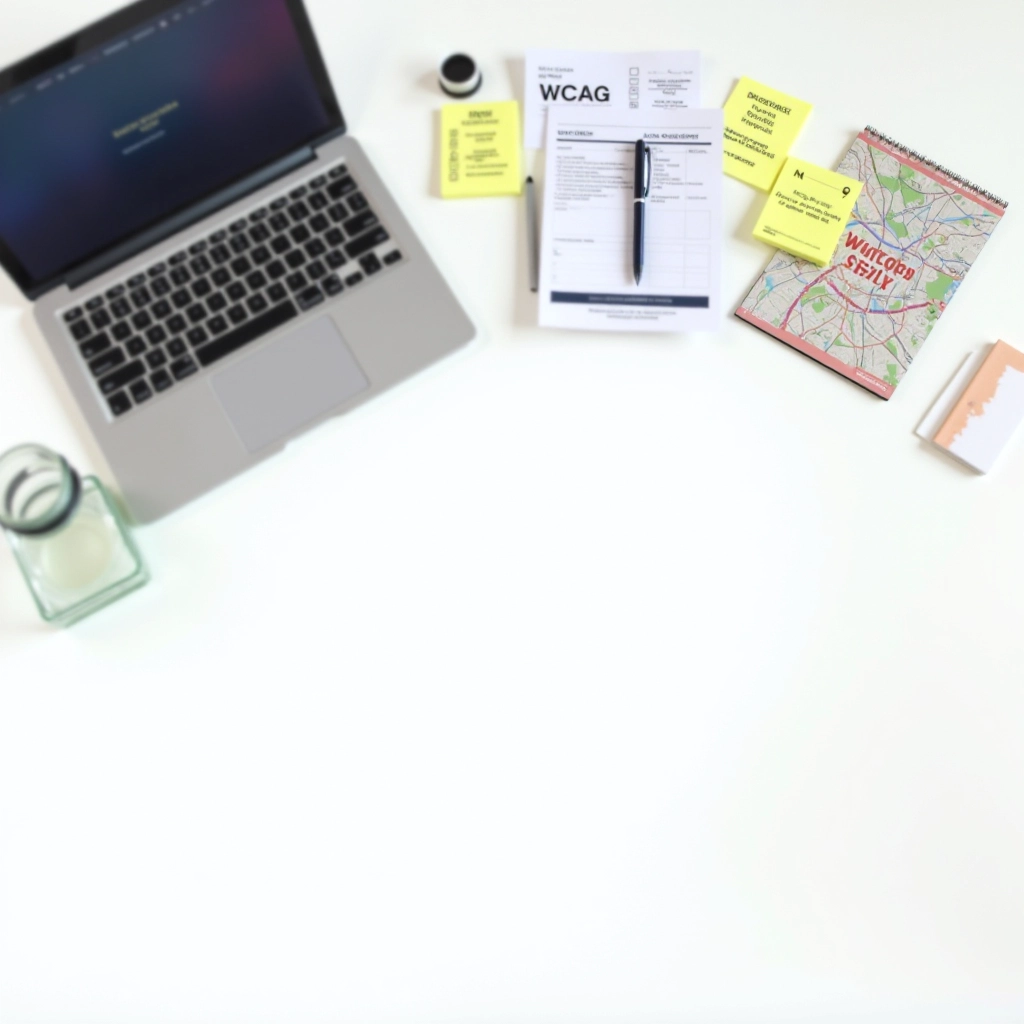Editorial team workspace with accessibility standards documentation, WCAG guidelines, and inclusive design resources on desk