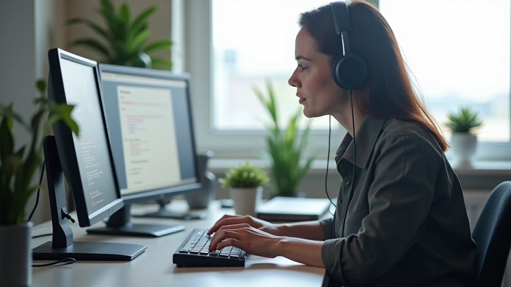 Person using screen reader with hands on keyboard and headphones, testing accessible interface